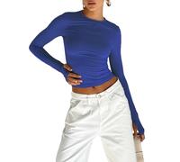Yassiglia Basic Long Sleeve Tops Women Y2K Crop Top Women's Crew Neck Slim Fit Shirt Skims Dupe Casual Tight Baby Tees Girls Aesthetic Clothes (Dark Blue with Thumb Holes, S)