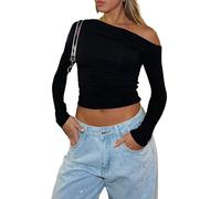 Yassiglia Basic Long Sleeve Tops Women Y2K Crop Top Women's Crew Neck Slim Fit Shirt Skims Dupe Casual Tight Baby Tees Girls Aesthetic Clothes (Black-one Shoulder, M)