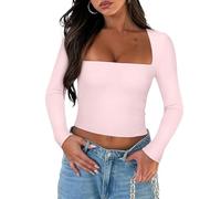 Yassiglia Basic Long Sleeve Tops Women Y2K Crop Top Women's Crew Neck Slim Fit Shirt Skims Dupe Casual Tight Baby Tees Girls Aesthetic Clothes (Pink A, L)