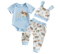 Yassiglia Infant Baby Boy Girl Easter Outfits, My First Easter Baby Boy Outfit Short Sleeve Romper + Pants + Hat 3Pcs Set (B Sky Blue, 9-12 Months)