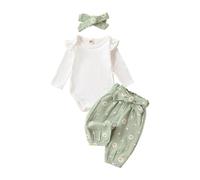 Yassiglia Infant Baby Girl Clothes 3PCS Long Sleeve Ruffle Romper with Daisy Print Belted Pants Headband Set Newborn Outfit Birthday Gift (Green, 0-3 Months)