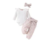 Yassiglia Infant Baby Girl Clothes 3PCS Long Sleeve Ruffle Romper with Daisy Print Belted Pants Headband Set Newborn Outfit Birthday Gift (Brown & Plaid, 0-3 Months)