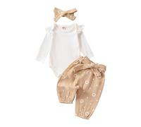 Yassiglia Infant Baby Girl Clothes 3PCS Long Sleeve Ruffle Romper with Daisy Print Belted Pants Headband Set Newborn Outfit Birthday Gift (Apricot, 6-12 Months)