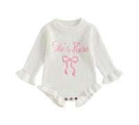 Yassiglia Infant Baby Girls Knit Romper Long Sleeve Crew Neck Ruffled Bodysuit Cute Embroidery Bow Letters Sweater Jumpsuit Newborn Baby Clothes (White-She's Here, 0-3 Months)