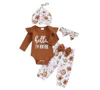 Yassiglia Infant Newborn Girl 4Pcs Outfit Letter Print Long Sleeve Romper with Flower Pants and Hat Bow Headband Set Bodysuit Baby Clothes 0-3 Months (Auburn, 0-3 Months)