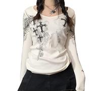 Yassiglia Long Sleeve Tops Women Y2K Vintage Graphic Print Crop Top 90s Goth Tees Grunge Aesthetic T-Shirt for Teen Girls (White, S)
