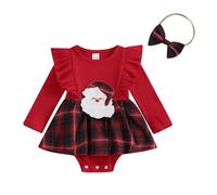 Yassiglia New Born Baby Girl Clothes Set Ruffle Long Sleeve Plaid Print Romper Dress with Bow Headband Set 2Pcs Outfit (Christmas&Red, 0-3 Months)