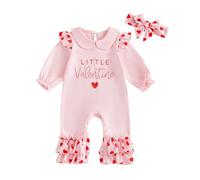 Yassiglia Newborn Baby Girl Valentine‘s Day Outfit 2-Piece Set Long Sleeve Ruffle Romper with Heart Letter & Matching Headband (Pink&Little Valentine, 6-12 Months)
