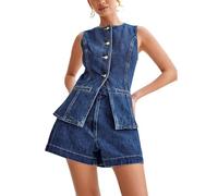 Yassiglia Summer Denim Outfit for Women 2 Pieces Shorts Sets Button Down Tank Tops + High Waist Jeans Shorts Set Y2K Vinatge Clothes (Blue, L)