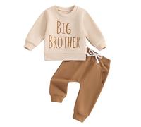 Yassiglia Toddler Baby Boy Fall Clothes Big Bro Little Bro Matching Sets Little Big Brother Long Sleeve Tshirt And Trouser Set 2 Piece Tracksuit Outfit (Khaki Brown Big, 12-18 Months)