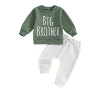 Yassiglia Toddler Baby Boy Fall Clothes Big Bro Little Bro Matching Sets Little Big Brother Long Sleeve Tshirt And Trouser Set 2 Piece Tracksuit Outfit (Green Beige Big, 6-12 Months)