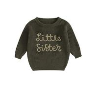Yassiglia Toddler Baby Girl Sweaters Long Sleeve Letter Embroidery Little/Big Sister Knit Pullover Infant Jumpers Tops (Little Sister&Army Green, 0-3 Months)