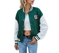 Yassiglia Women Bomber Jacket Ladies Baseball Jackets Y2K Oversized Patchwork Coat Button Down Long Sleeve Varsity Jacket Outwear Streetwear(Green, Medium)
