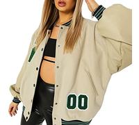 Yassiglia Women Bomber Jacket Ladies Baseball Jackets Y2K Oversized Patchwork Coat Button Down Long Sleeve Varsity Jacket Outwear Streetwear(Beige, Large)