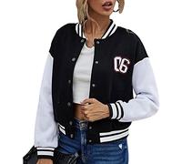 Yassiglia Women Bomber Jacket Ladies Baseball Jackets Y2K Oversized Patchwork Coat Button Down Long Sleeve Varsity Jacket Outwear Streetwear(Black short A, Small)