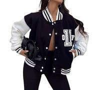 Yassiglia Women Bomber Jacket Ladies Baseball Jackets Y2K Oversized Patchwork Coat Button Down Long Sleeve Varsity Jacket Outwear Streetwear(Black-B, Small)