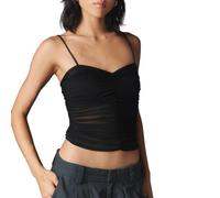 Yassiglia Women Mesh Ruched Cami Top Leopard Spaghetti Strap Patchwork Tank Top Trim Bustier Camisole Y2K Crop Tops (Black, S)