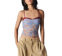 Yassiglia Women Mesh Ruched Cami Top Leopard Spaghetti Strap Patchwork Tank Top Trim Bustier Camisole Y2K Crop Tops (Blue, S)