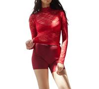 Yassiglia Women See Through Sheer Top Sexy Mesh Layering Shirt Long Sleeve Turtleneck/Off Shoulder Lace Tops Underwear Tee Y2K Aesthetic Clothes (Red, XL)