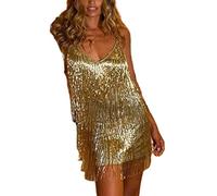 Yassiglia Women Sparkly Tasseled Sequin Dress Bodycon Glitter Dance Dresses Sleeveless Backless V-Neck Mini Dress Sommer Sexy Spaghetti Strap Dress for Club Party (Gold C, S)