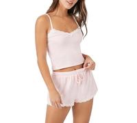 Yassiglia Womens 2 Pieces Pyjamas Set V-Neck Lace Trim Tank Tops + Drawstring Shorts Summer Short Pjs Sets for Women Y2K Sleepwear Loungewear (Light Pink, S)