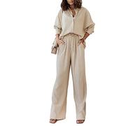 Yassiglia Womens Casual 2 Pieces Outfits, Turn-Down Collar Long Sleeve Shirts + Wide-Leg Loose Pants Set Lounge Wear Set Streetwear (Apricot, L)