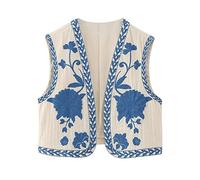 Yassiglia Womens Embroidered Floral Linen Waistcoat Y2k Vest Top Open Front Shirt Boho Sleeveless Cardigan for Women Ladies Waistcoats (Blue, L)