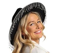 Yassiglia Women's Glitter Cowboy Hat Wide Brim Rhinestone Tasseled Western Large Cap Cowgirl Hat for Club Party (UK, Alpha, One Size, Black Flat Brim)