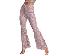 Yassiglia Women's Glitter Sequin Trousers Y2K Sparkly Slim High Waist Elastic Flared Pants Glitter Leggings for Party Clubwear (Pink, S)