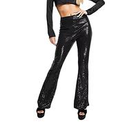 Yassiglia Women's Glitter Sequin Trousers Y2K Sparkly Slim High Waist Elastic Flared Pants Glitter Leggings for Party Clubwear (Black, XL)