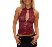 Yassiglia Women's Lace Vest Top Sleeveless Keyhole Neck Fitted Sexy Blouse See Through Mesh Top Summer Elegant Party Going Out Tank Top