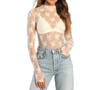 Yassiglia Women's Mesh Long Sleeve Top Mock Neck Slim Sheer Top Lace Floral Blouse Layering Tops Y2K Sexy See Through Tops for Women (Beige, S)