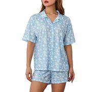 Yassiglia Women's Pyjama Sets Strawberry Print Button Down Long Sleeve Shirts Tops and Shorts 2 Piece Loungewear Outfits Pjs Women's Nightwear Pyjamas (Blue&shorts, M)