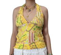 Yassiglia Women's Sequin Halter Cami Top, Sheer Mesh Embroidered Party Top, Ladies Boho Sparkly Sleeveless Camisole for Summer Y2K Clothes (Yellow, XL)