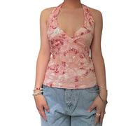 Yassiglia Women's Sequin Halter Cami Top, Sheer Mesh Embroidered Party Top, Ladies Boho Sparkly Sleeveless Camisole for Summer Y2K Clothes (Coral Red, M)