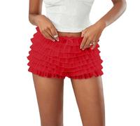 Yassiglia Women's Sexy Ruffle Shorts Lace Layered Ruffle Frill Mini Short Cute Y2K Elastic Low Waist Bloomer Coquette Micro Shorts (Red, XS)