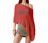 Yassiglia Women's Sheer Mesh Poncho Shawl Off Shoulder See Through Summer Beach Cover Up Knit Bolero (Red, ONE SIZE)