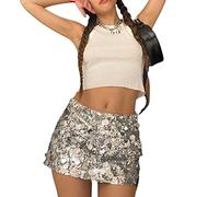 Yassiglia Women's Shiny Sequin Skirt Casual A-line Skirts Y2K Sparkle Skirt Sexy Bodycon Mini Skirt for Night Out Party Club Carnival Festival (Silver, L)