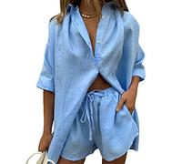 Yassiglia Womens Summer Two Piece Outfit Long Sleeve Linen Shirt and Shorts Co Ord Sets 2 Piece Lounge Set for Women Casual Beach (Blue, S)