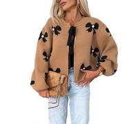 Yassiglia Women's Tie Front Cardigan Elegant Bow Print Long Sleeve Swerater Tie Front Knitwear (Khaki, XL)