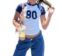 Yassiglia Women's Y2k Crop Top Number Print Baby Tee Basic Slim Fit T-Shirt Summer Elegant Tops Cute Harajuku Tops for Teenage Girls (UK, Alpha, M, Regular, Regular, Blue)