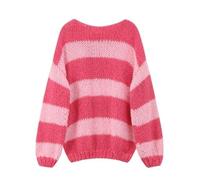 Yassiglia Women's Y2k Striped Pullover Elegant Colour Block Knitted Jumper Oversize Knitted Sweatshirt Autumn Winter Long Sleeve Loose Fit Top, pink, M