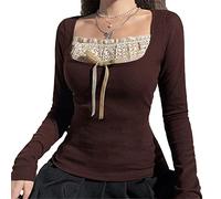 Yassiglia Y2K Fairy Grunge Aesthetics Lace Collar Slim Fit Long Sleeve Crop Top Elegant Kawaii Harajuku Elastic Blouse Tees 90s E-Girls Vintage Reched Square Neck Shirts (Brown12, S)