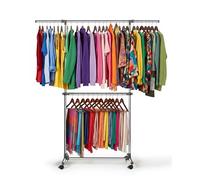 YasTant Clothes Rail with Wheels, Adjustable Stainless Steel Clothes Rack with Extendable Width and Height, Metal Clothing Rail for Small Bedrooms (Silver)