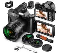 Yatao Digital Cameras for Photography and Vlogging, 6K 64MP Flip Screen, Dual Lens, Microphone for Video, 64GB TF Card, Compact Photo WiFi Camera for YouTube Kit Travel, Beginners (Black)