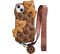 Yatchen Bear Case for iPhone 16,Cute Cookie Bear Kawaii Phone Cases 3D Cartoon Cover with Keychain Strap Lanyard Funny Women Girls Soft Silicone Protector for iPhone 16