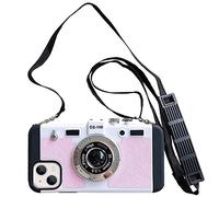 Yatchen Camera Case Compatible with iPhone 13, Cute 3D Vintage Camera with Lanyard Adjustable Shoulder Strap Girls Women Unique Cool Silicone PC Cover Pink