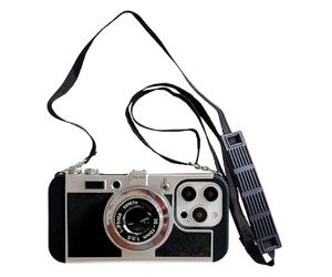 Yatchen Camera Case Compatible with iPhone 16 Pro, Cute 3D Vintage Camera with Lanyard Adjustable Shoulder Strap Girls Women Unique Cool Silicone PC Cover Black