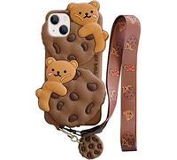 Yatchen Creative Silicone Case Compatible with iPhone 13, Cute Funny 3D Cartoon Cookies Bear Design with Long Shoulder Strap Soft Bumper Shockproof Protective Case(Bear Cookie, iPhone 13)