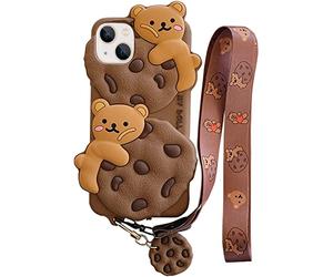 Yatchen Creative Silicone Case Compatible with iPhone 13, Cute Funny 3D Cartoon Cookies Bear Design with Long Shoulder Strap Soft Bumper Shockproof Protective Case(Bear Cookie, iPhone 13)